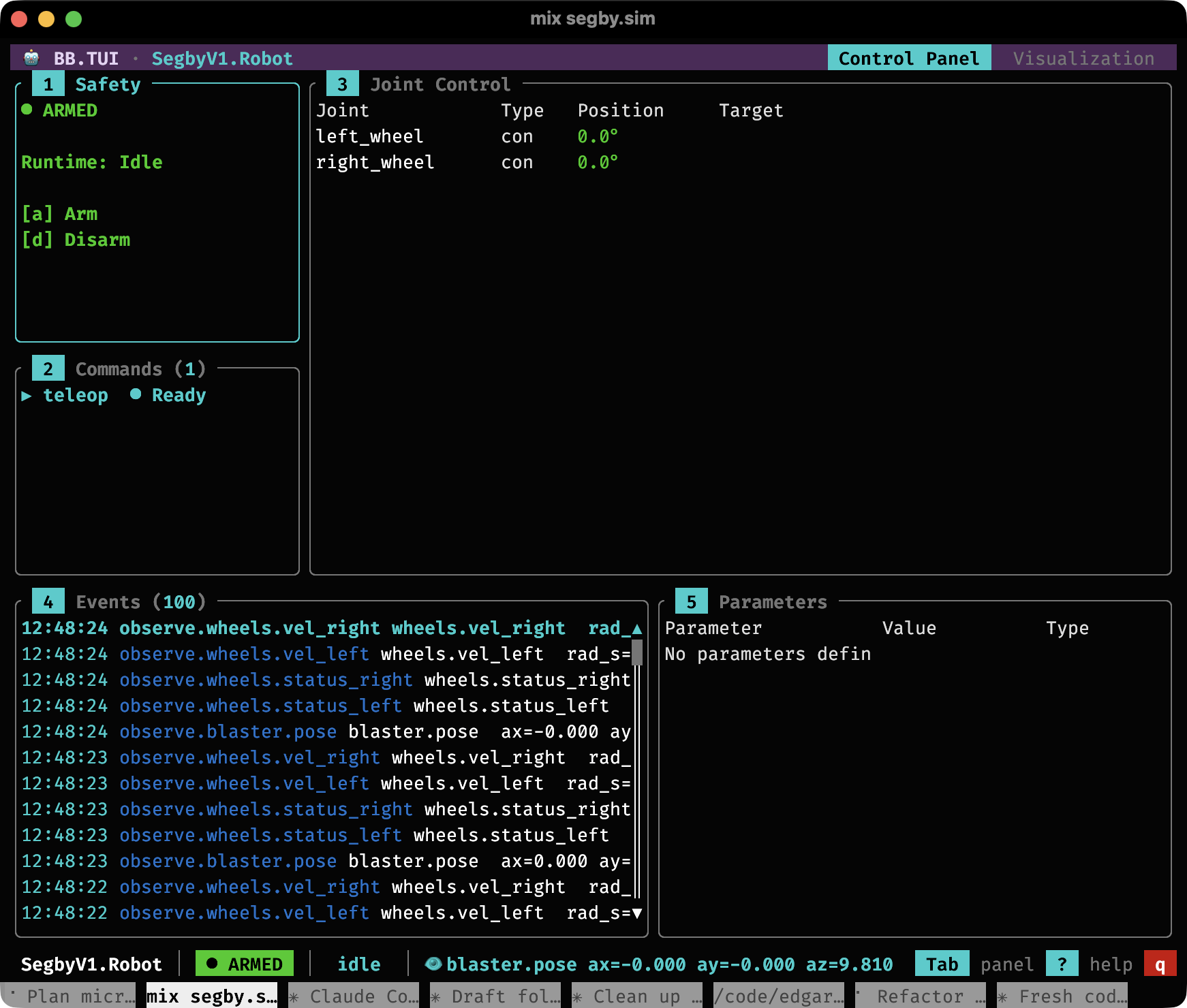 The bb_tui terminal dashboard for SegbyV1.Robot: a Safety panel reading ARMED with arm and disarm keys, a Commands panel showing the teleop command ready, a Joint Control panel for the left and right wheels, and an Events panel streaming live pose and wheel readings with timestamps.