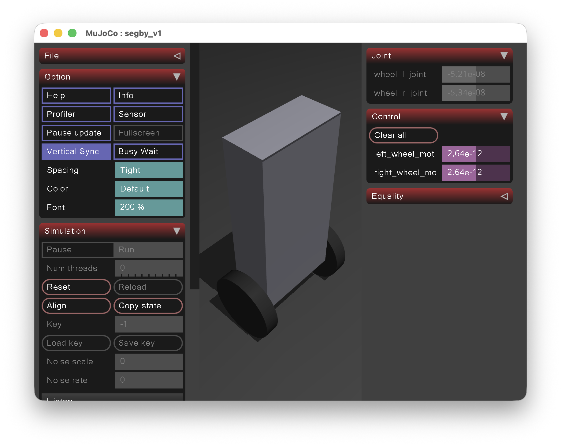 A screenshot of the MuJoCo 3-D viewer titled "MuJoCo : segby_v1": a tall two-wheel robot model standing upright on the ground plane, with the viewer's control panels showing left_wheel and right_wheel joint torques.