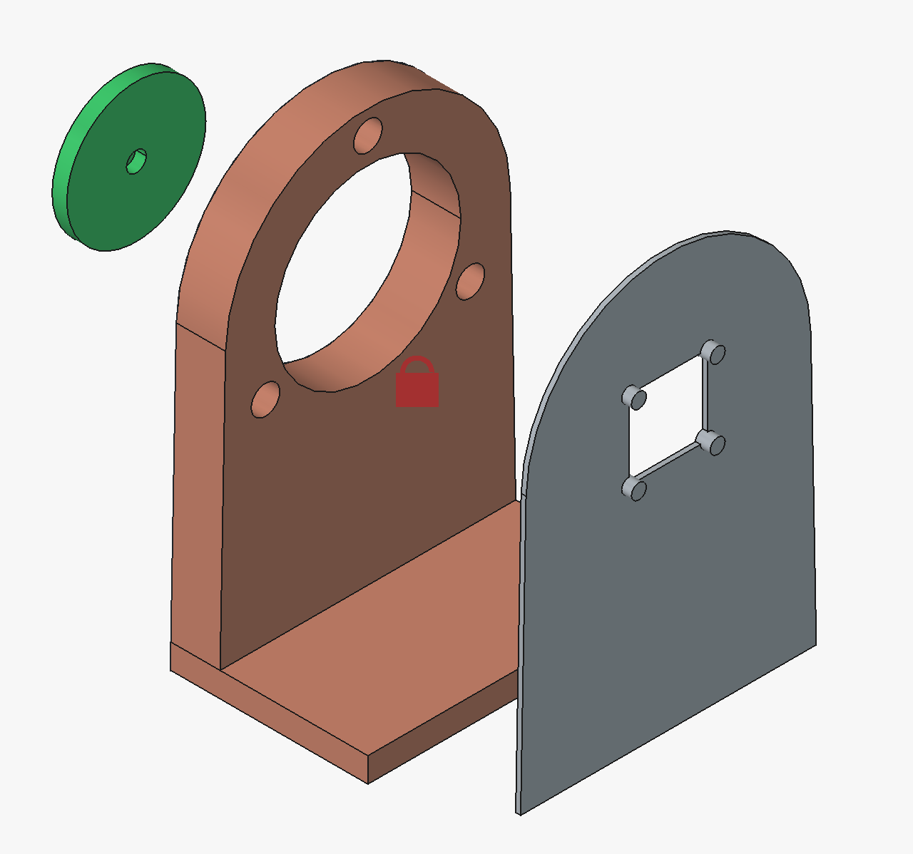 Exploded CAD render of three pieces: a green disc representing the diametric magnet, a tan-coloured cylindrical holder that bolts to the rotor with the magnet in its centred bore, and a flat grey plate carrying the AS5600 PCB at the right working distance.